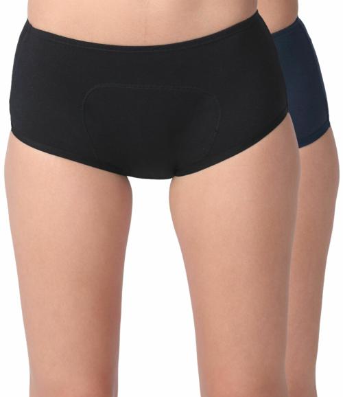Adira | Boxer Period Underwear For Women | Boxer Fit For High Flow | Reusable | With Support Patch For Pad | Leakproof & Skin Friendly | For School, Travel & Work | Pack Of 2 | Black & Navy Blue | M