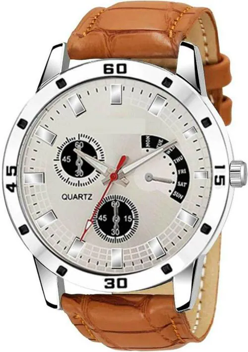 Bolun Analog White Dial Brown Strap Watch For Men