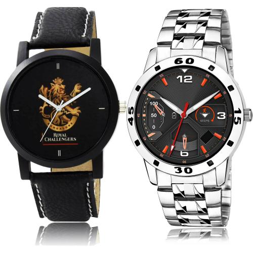 TIMENTER Treading Quartz Royal Challengers Bangalore Squad (Rcb) Ipl And Silver Chain Black And Silver Colour Analog Genuine Leather And Stainless Steel Belt 2 Watch Combo For Boys And Men - IPL6-(40-S-19)