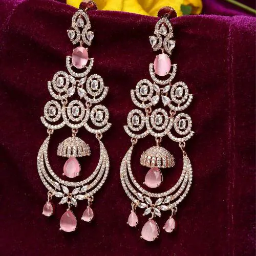 ZENEME Rose Gold-Plated Brass American Diamond Studded Peach Chandbali Long  Earrings for Women & Girls - JioMart