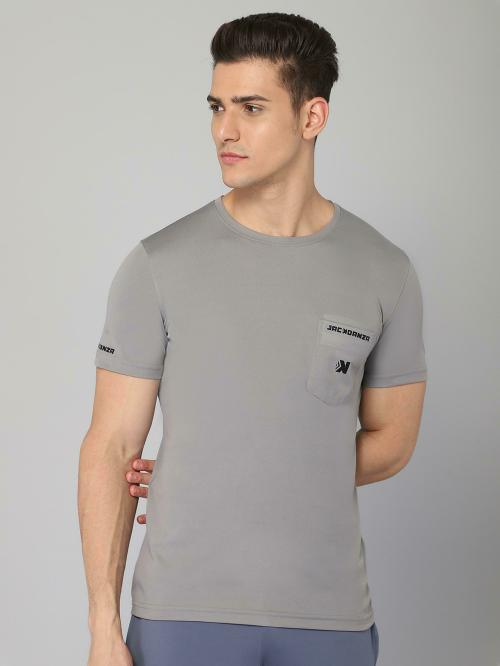 JACKDANZA Men Grey Solid Polyester Round Tshirts (XXL)