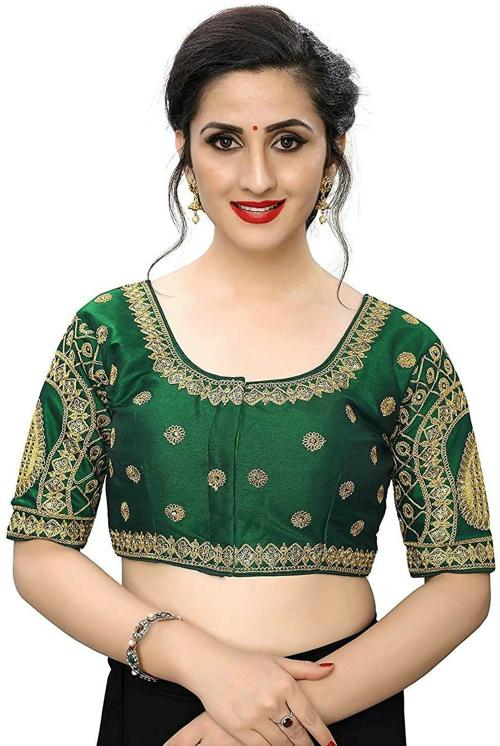 Jay Pal Women Dark Green Solid Art Silk Round Neck Blouse