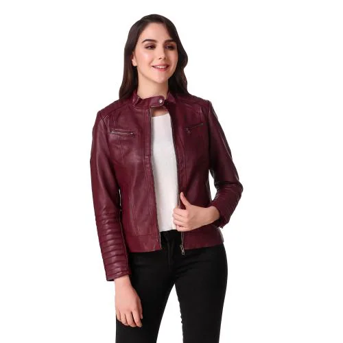 Leather Retail Cherry Colour Full Sleeve Solid Jacket for women