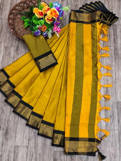 Reeta Fashion Gorgeous Mustard Black Soft Cotton Silk Jacquard Butti Saree With Unstitched Blouse