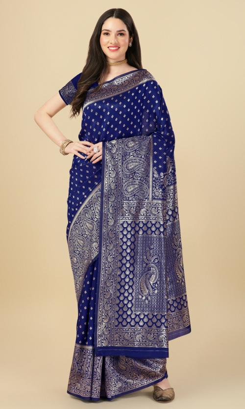 Rekha Maniyar Women's Woven Brocade Banarasi Art Silk Royal Blue Saree With Unstitched Blouse Piece