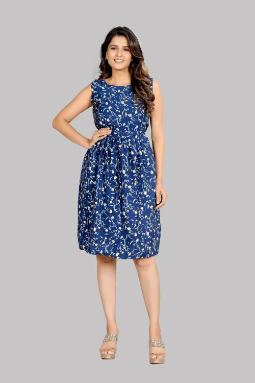 JIYAKURTI Women Light Blue Printed Crepe Fit And Flare Dress (XXL)