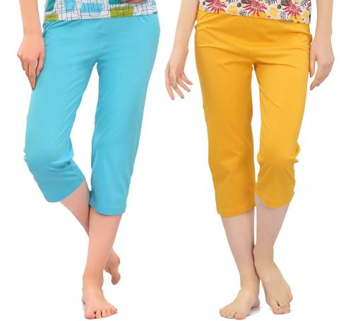 ZEBU Women Blue & Yellow Abstract 100% Cotton Pack of 2 Capris