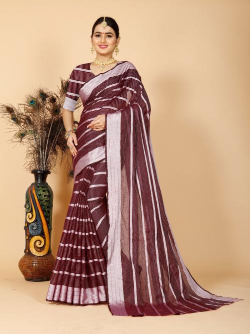 JS Clothing Mart Women's Dailywear Printed Cotton Silk Saree With Blouse-Maroon