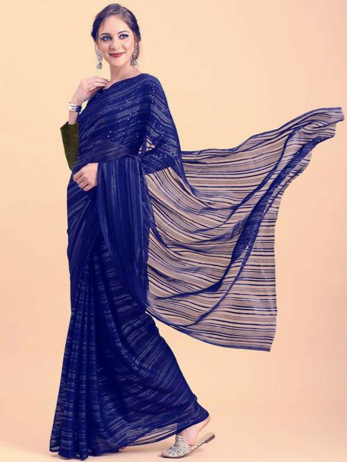 Sareez House Women Blue Striped Georgette Bollywood Saree (Broket-Jari-Blue)