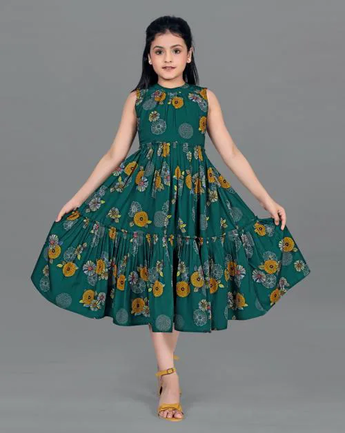 Fashion Dream Girls Dark Green Floral Printed Crepe Frock | Dresses| Kids Wear| Girls Dress| Kids Dress| Frock| Frock Girls| Girls Frock| Dresses For Girls| Kids Girl Dress| Frock For Girls | Tiered Dress |Midi Dress