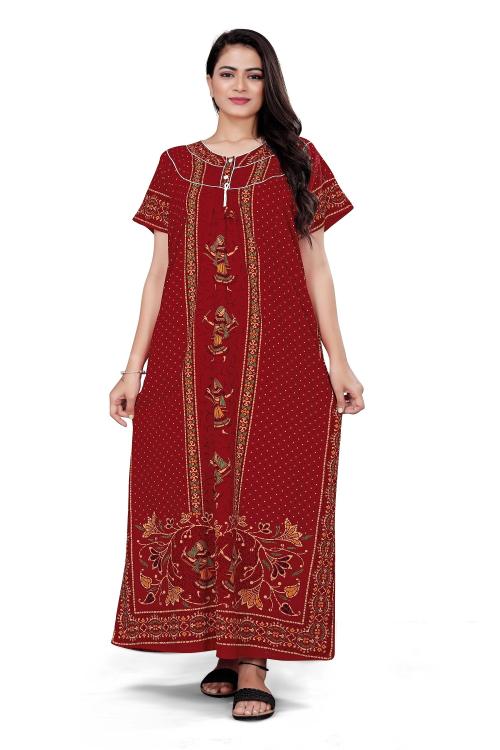HauteLook Women's Pure Cotton Nighty Gown-Pathan Garba Lady Print with Dot Print with Two Button & Pocket-Large