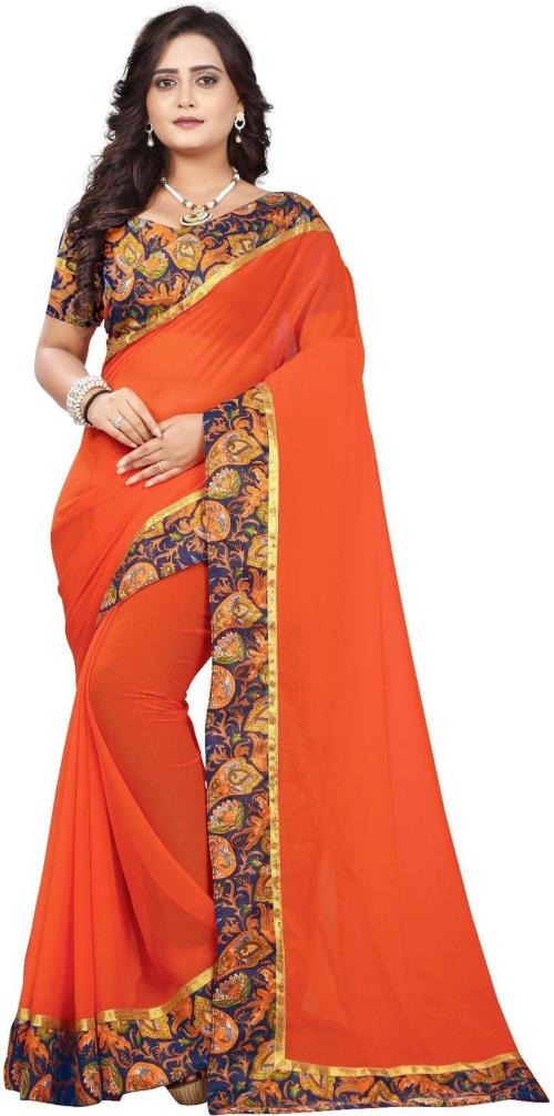Harpita Women Orange Solid Georgette Kalamkari Saree