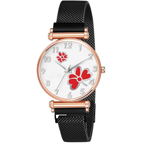 Talgo Analogue White Dial Red Flower and Black Manget Starp Watch for Girl's and Women-C34FLORREDBKM