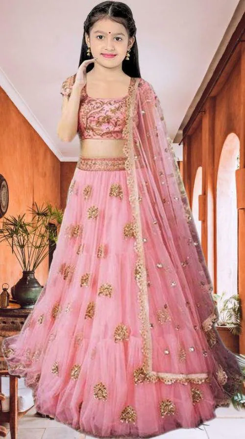 FULPARI Girls Lehenga Choli Ethnic Wear Embroidered Lehenga Choli and Dupatta Set ( Pink )