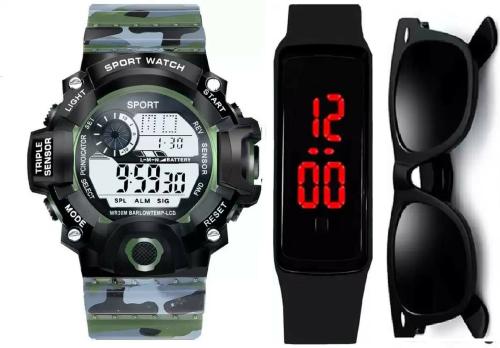 Blutech Green, Black Digital Watch With Uv Protection Glasses Aviator Sunglasses And Led Watch For Boys (Combo Of 3)