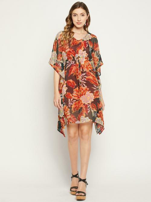 Serein Women's Kaftan Midi dress (Printed chiffon kaftan with waist string & Separate inner)