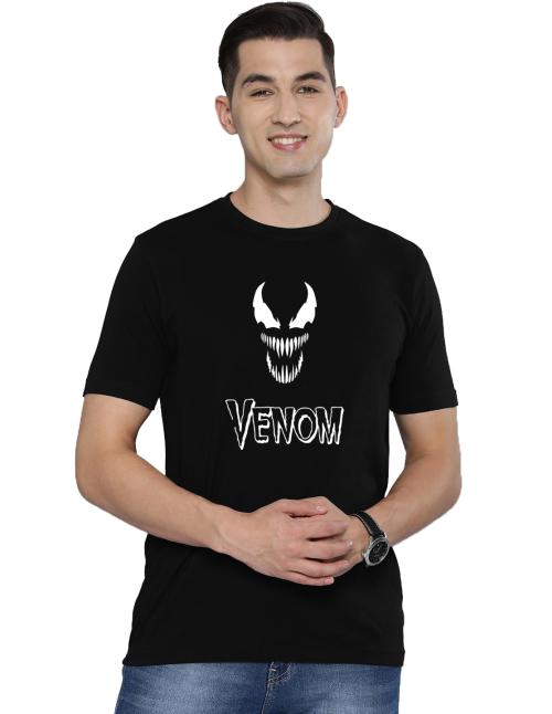 Organic Chics Venom Printed Black Round Neck Half Sleeve Cotton Regular Fit Men Tshirt - (XXL)