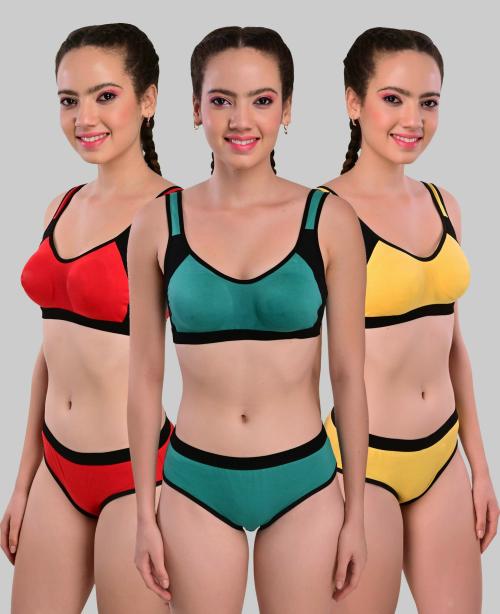 Yana Women Yellow, Green, Red Solid Cotton Blend Set Of 3 Bra And Panty (32)