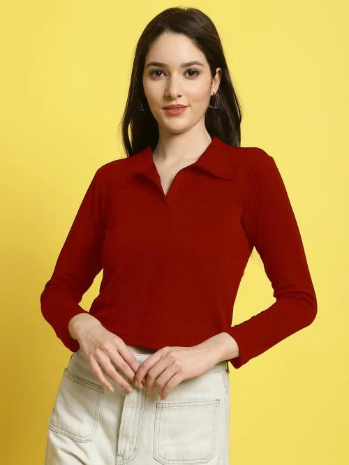 Fabflee Women’s Shirt Collar Rib Knitted Long Sleeves Tops For Women | ribbed top | tops for womens | tops | womens top | crop tops for women | brown crop tops for women