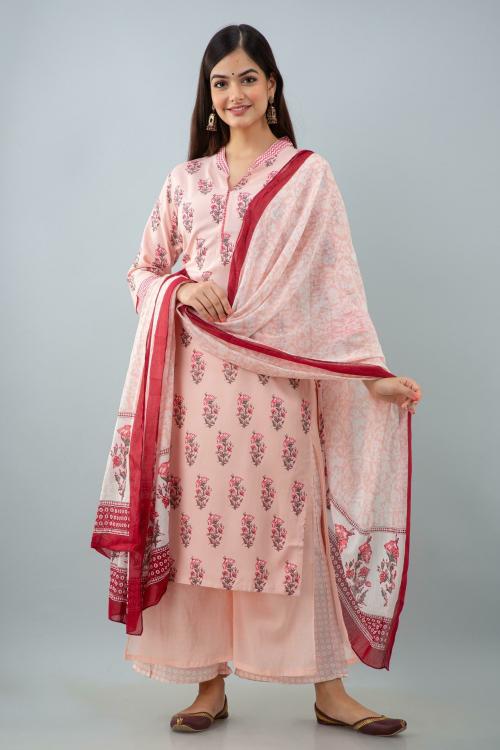AAYSA Women Pink Floral Viscose Blend Kurta Pyjama with Dupatta (S)