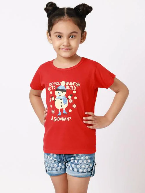 Little Zing Girls Red Pure Cotton Graphic Print T Shirt | Girls tshirt | Kids Tshirt | Kids Wear | Tshirt for Girls | Baby Clothes | T shirt for Girls | Girl T-shirt