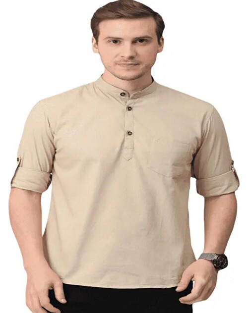 ATTIRIS Men's Cotton Solid Regular Fit Full Sleeve Band Collar Shirt, Beige