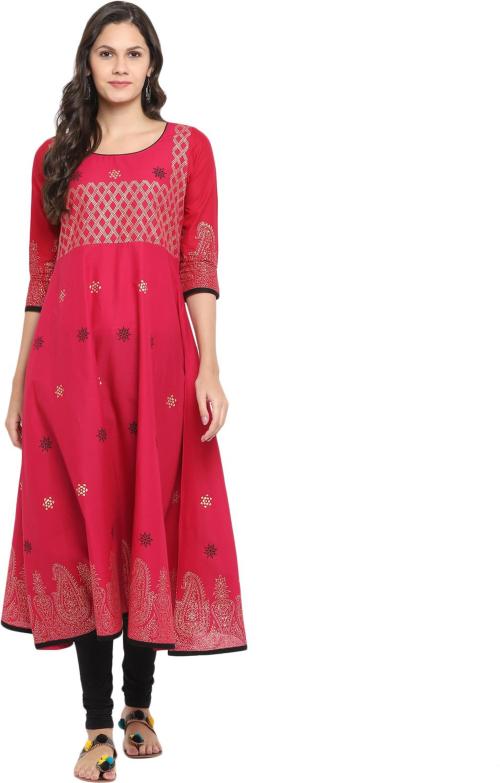 CROESUS THE TRADITIONAL LOOK G Kurties Women Pink Printed Pure Cotton Anarkali Kurta - Gc182 (S) l Women kurti l Woman Kurta l Women Kurta