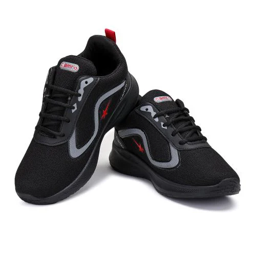 CAMRO Kine-02 Lace Up Black Sports Shoes, Mesh Upper & PVC Sole for Running, Gyming & More