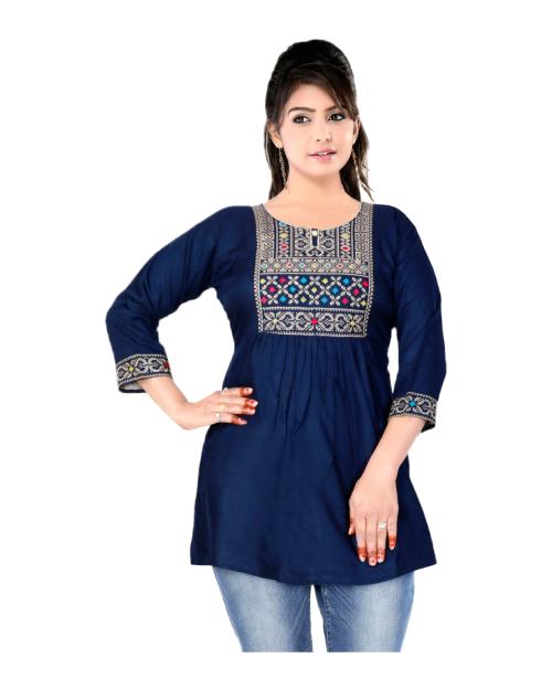 Aanshi FASHION Rayon Embroidered Short Kurti/Top For Women And Girls(Navy Blue)