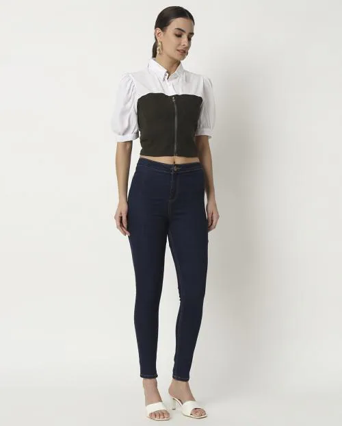 My Swag Women's Latest Green & White Color Solid Office Wear Crop Top