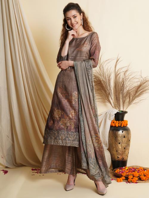 Stylee Lifestyle Grey Tussar Silk Digital Printed Dress Material