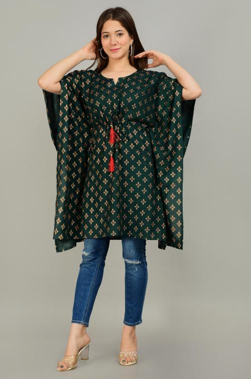 Manojava Women Dark Green Printed Viscose Rayon Kaftan Dress (M)