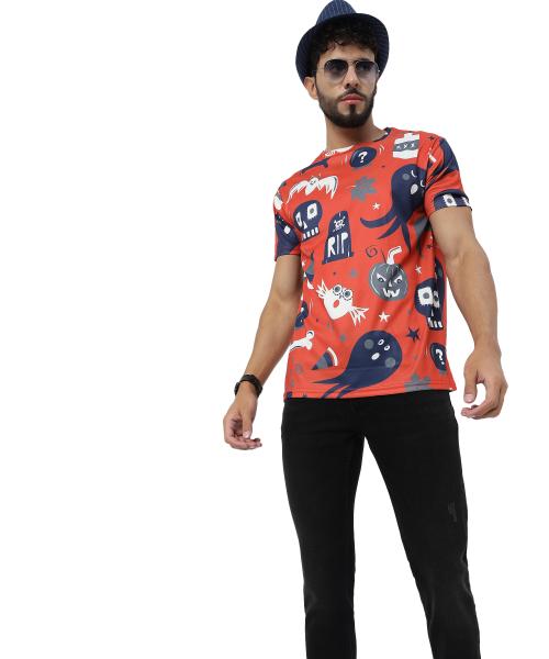 CRASTIC Men's Round Neck Regular Fit Printed Casual Half Sleeve PolyCotton Red T-shirt