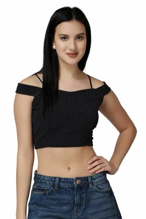 Popwings Women Casual Navy Blue Shimmer Off Shoulder Crop Top