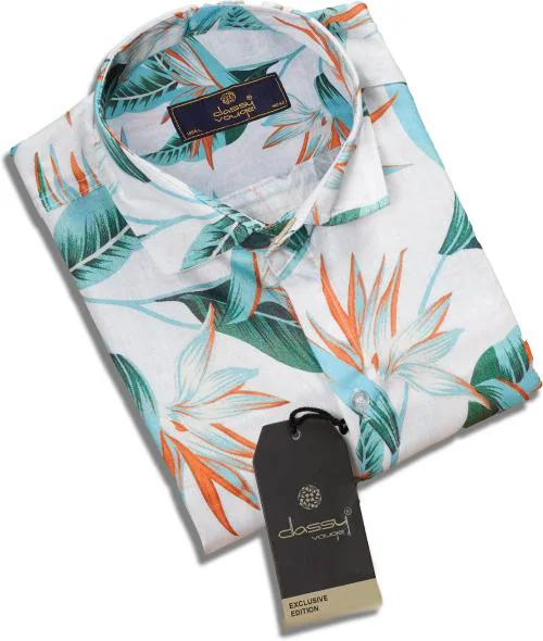 Classy Vouge Men White Printed Cotton Blend Beach Wear Shirt (L)