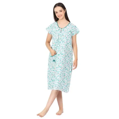 Breezly Woman's Long Short Calf Length Cotton Nighty l Green