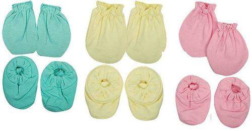 Bigbought Baby Boys and Girls Multicolor Solid Cotton Silk Hand Mittens, Leg Booties set (0-6 M)