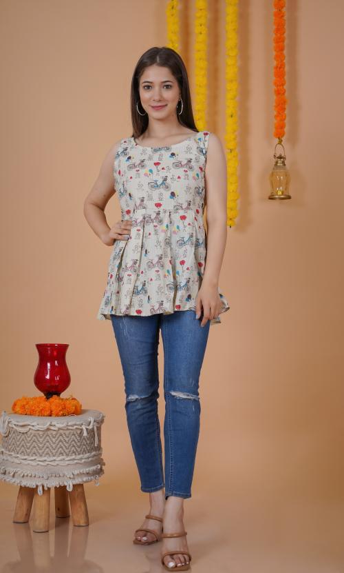 THE TINGE Women Casual Sleeveless Printed Cream Top (Tops and Tunics-Cream-L)