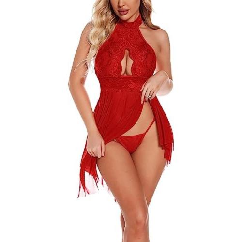 DHREXV Women Lingerie Lace Babydoll Strap Chemise Halter Scoop Neck Sleepwear for Honeymoon