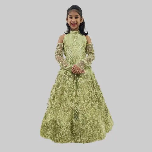 Vastrakriti By Swati Green Embroidery Long Gown Sequence Embroidery Long Sleeves Party Wear(Color:-Green, Size:-6 to 7 Y)