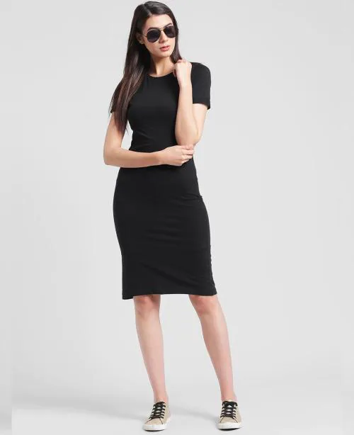 Rigo Women Black Solid Cotton Knee length Bodycon dress