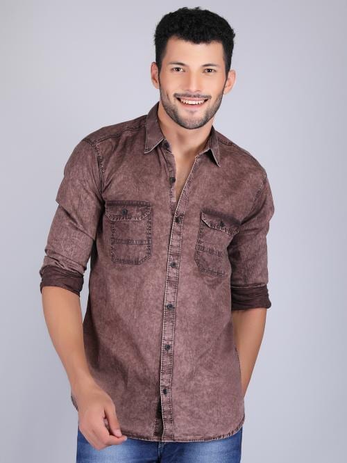 THE HELL DRIVER PLAIN PREMIUM COLORED DENIM SHIRTS,Exclusive Premium Fabric,100 % Cotton,Exclusive WINTER Collection,HEAVY DENIM STONE WASH Pure Cotton Brown Color Shirt for men