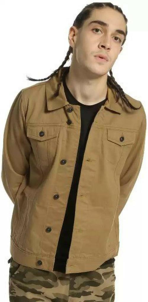 Skenjel Men Khaki Self Design Denim Jacket