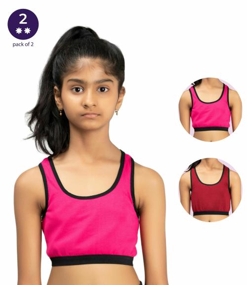Adira | Young Girls Sports Bra | Beginners Bra | Flat Padding For Nipple Coverage | Full Support Racer Back | Confidence For Sports | Soft Modal | Pack Of 2 | Dark Pink & Maroon | XS