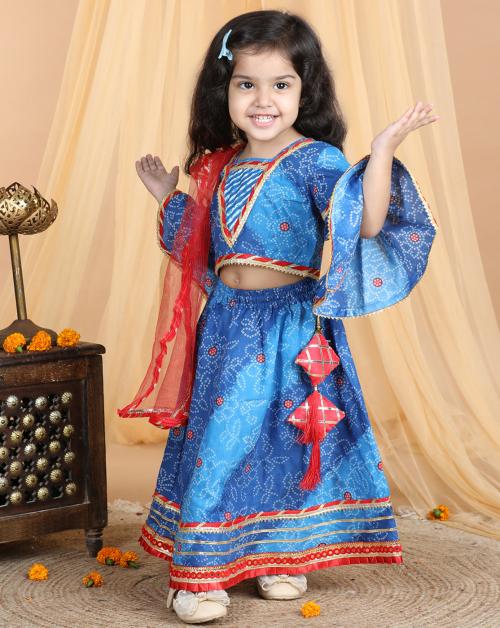 Kidcetra Cotton Bandhini Lehenga choli with bell sleeves and a contrast dupatta - Blue - 3-4Y