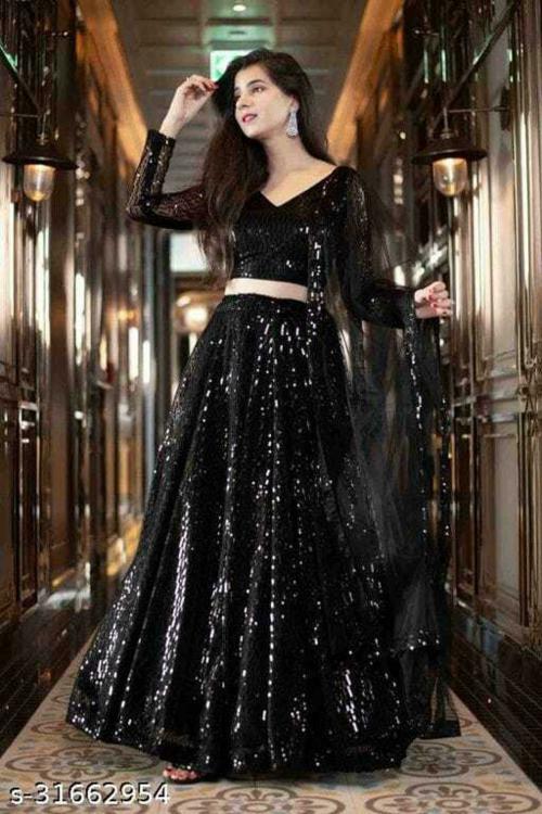 Kalpana Creation Women Black Embroidered Net Lehenga Choli Sets