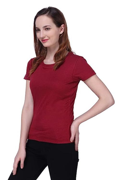 Semantic Women Maroon Solid Combed Cotton T-Shirt (M)