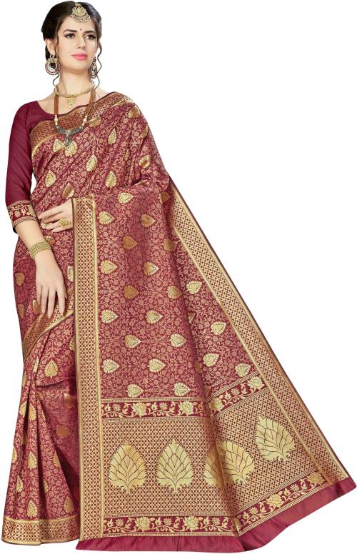 Manvaa Women Maroon Woven Design Silk Blend Saree