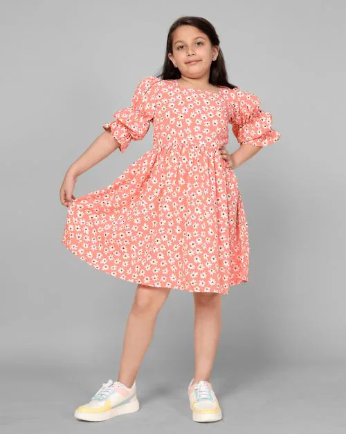 Fashion Dream Girls Peach Floral Printed Crepe Frock | Dresses | Kids Wear | Girls Dress | Kids Dress | Frock | Frock Girls | Girls Frock | Dresses For Girls | Kids Girl Dress | Frock For Girls