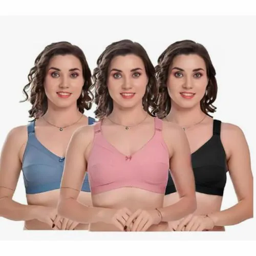 MANCHI FASHION Combo Pack Non-Padded Full Back Coverage Broad Band T-shirts Bra for Women Bra, Wire-free, Wide Strap with 4 Hook Closure | MULTICOLOR - SKY BLUE, PINK & BLACK | SIZE - 44C